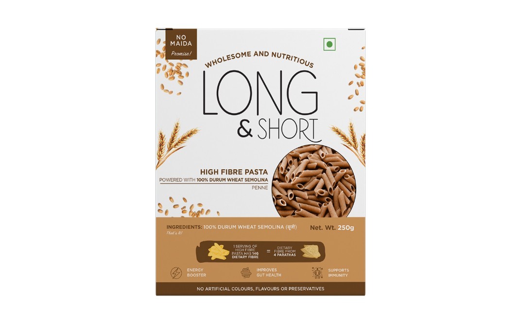 Long & Short High Fibre Pasta Powered With 100% Durum Wheat Semolina Penne   Box  250 grams